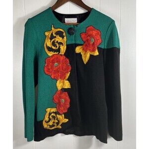 Vintage Anthony Sicari Sweater Cardigan Size 10 Color Block Floral Satin